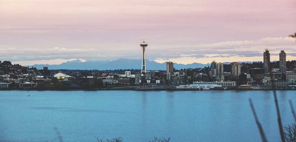 Seattle view at sundown with Space Needle, a 1962 World’s Fair legacy