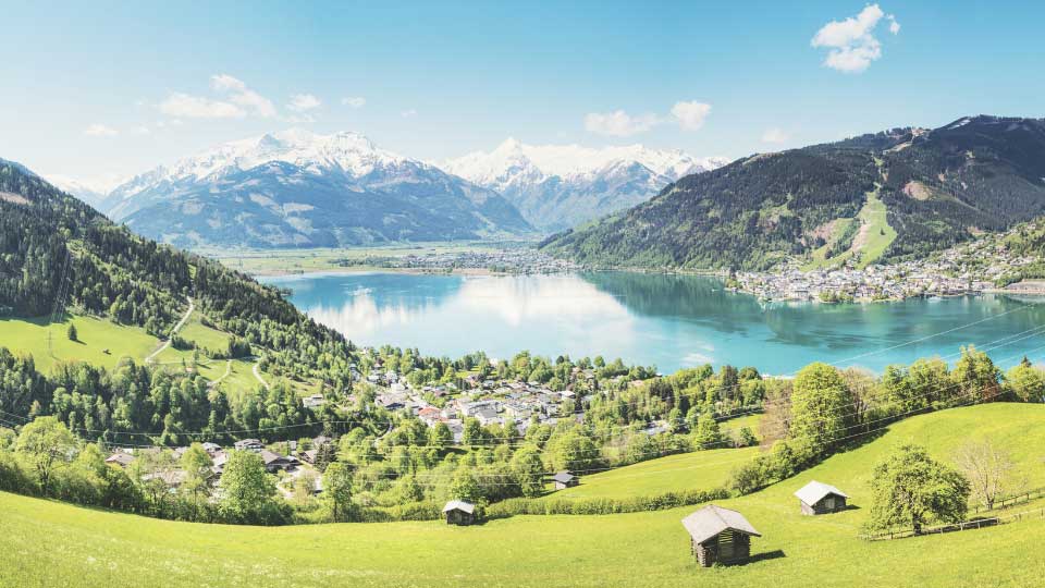 Aerial view of Switzerland with mountains, lake and a village