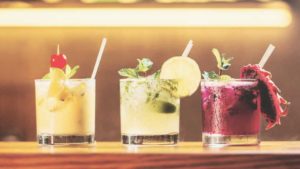 Cocktails lined up on a table