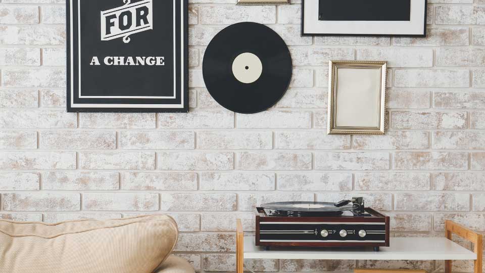 Interior of room with record player