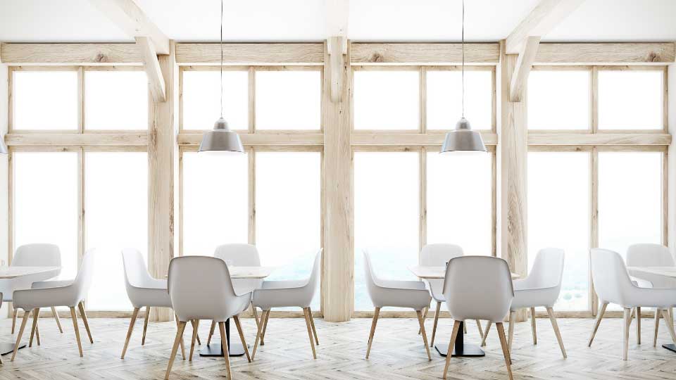 White cafe interior, loft windows