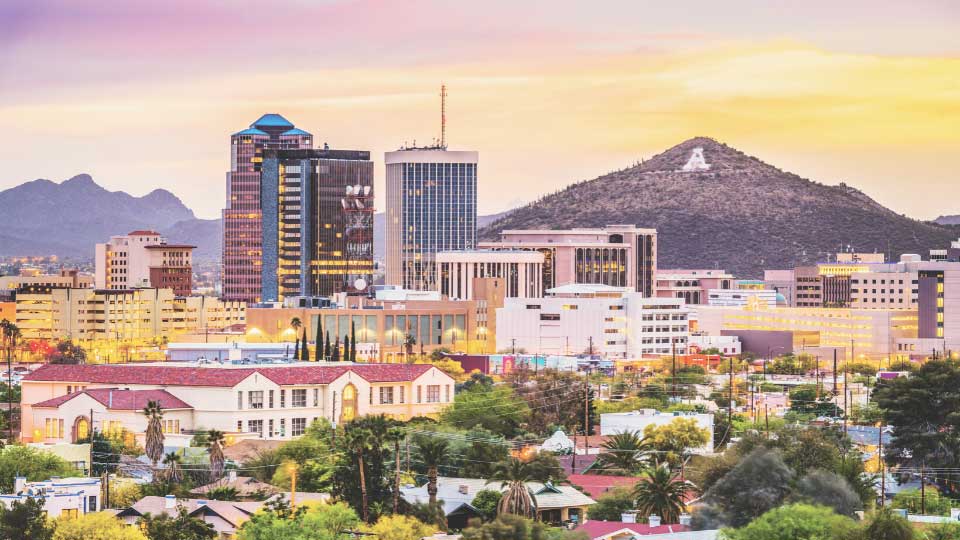 Overall view of Tucson with mountain background