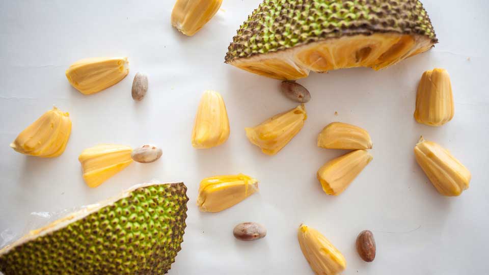 Ripe Jackfruit pieces with jackfruit pods isolated on white top view