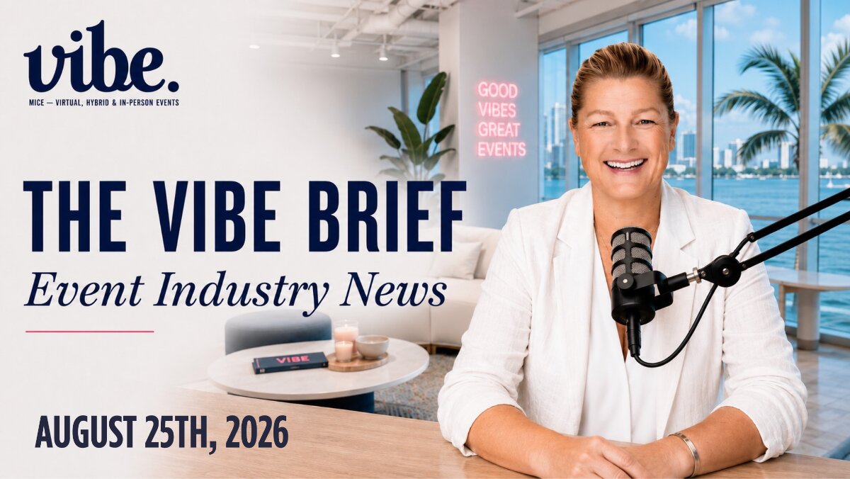 The Vibe Brief, Event Industry News, August 25th 2026 — cover card showing a host in a white blazer smiling at a studio microphone in a bright waterfront office, a neon sign reading Good Vibes Great Events on the wall behind her.